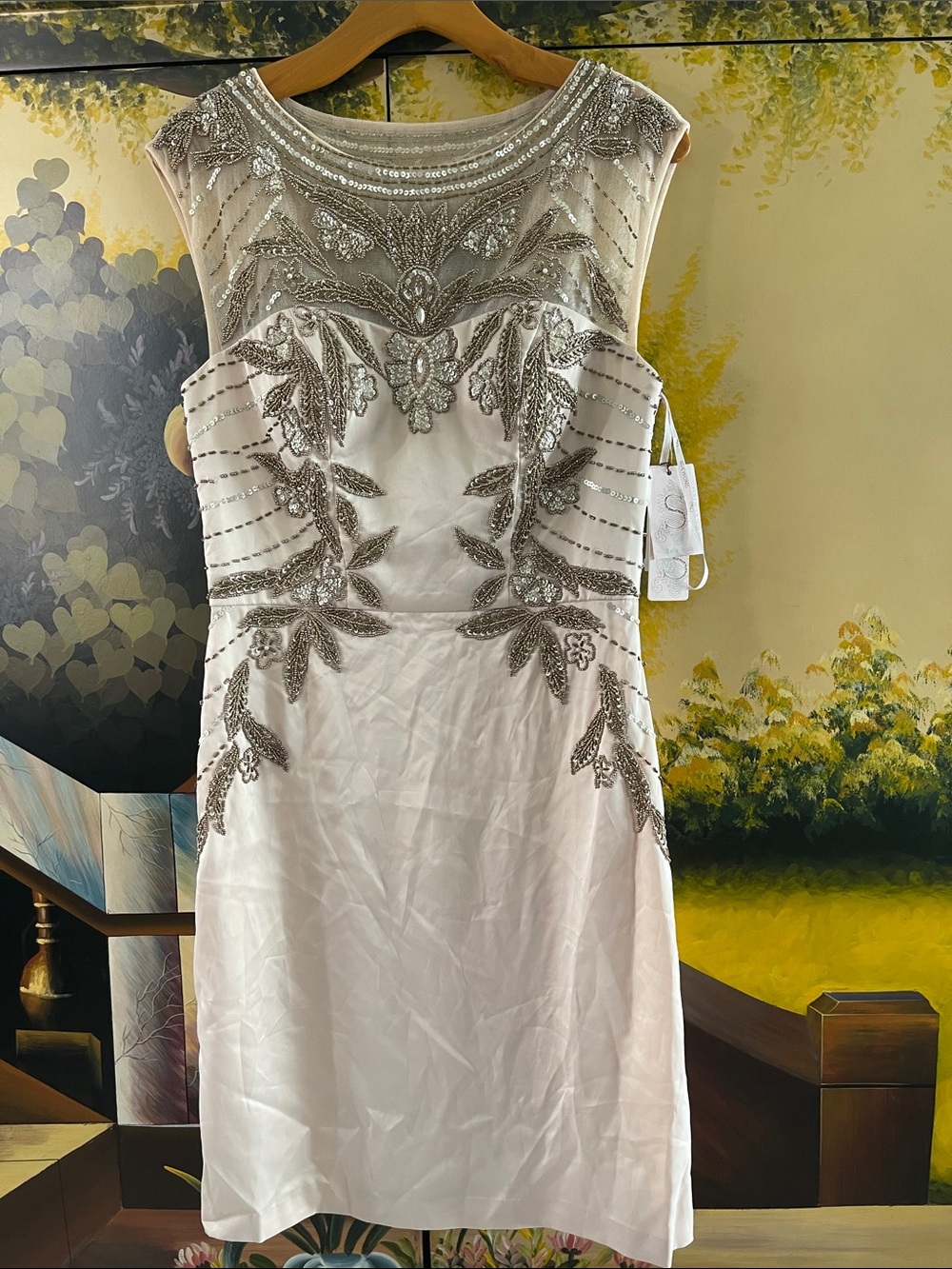 Sue Wong Ivory Midi Dress with Silver Beadwork